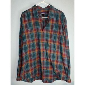 Patagonia Mens Organic Cotton Plaid Flannel Shirt Large Teal Orange Button Down